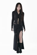 Layered belt slit long skirt