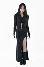 Layered belt slit long skirt