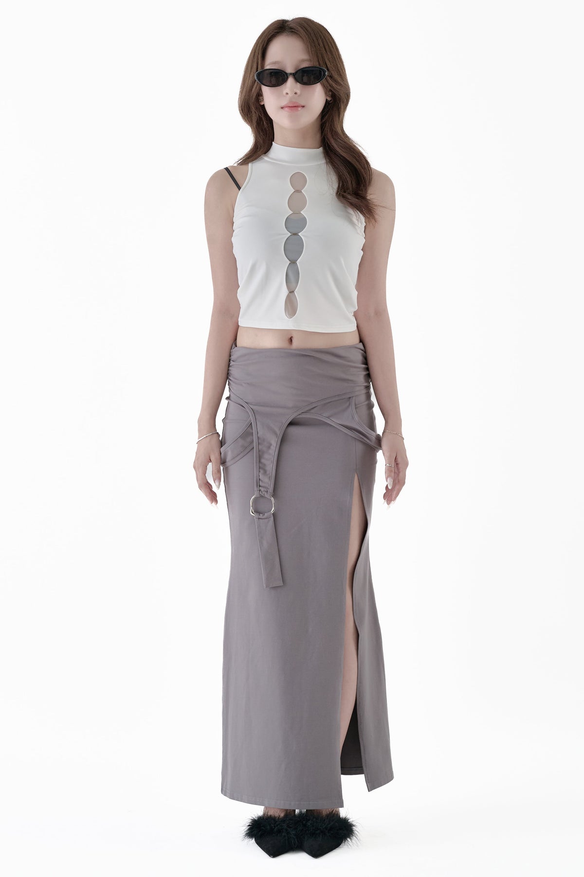 Layered belt slit long skirt